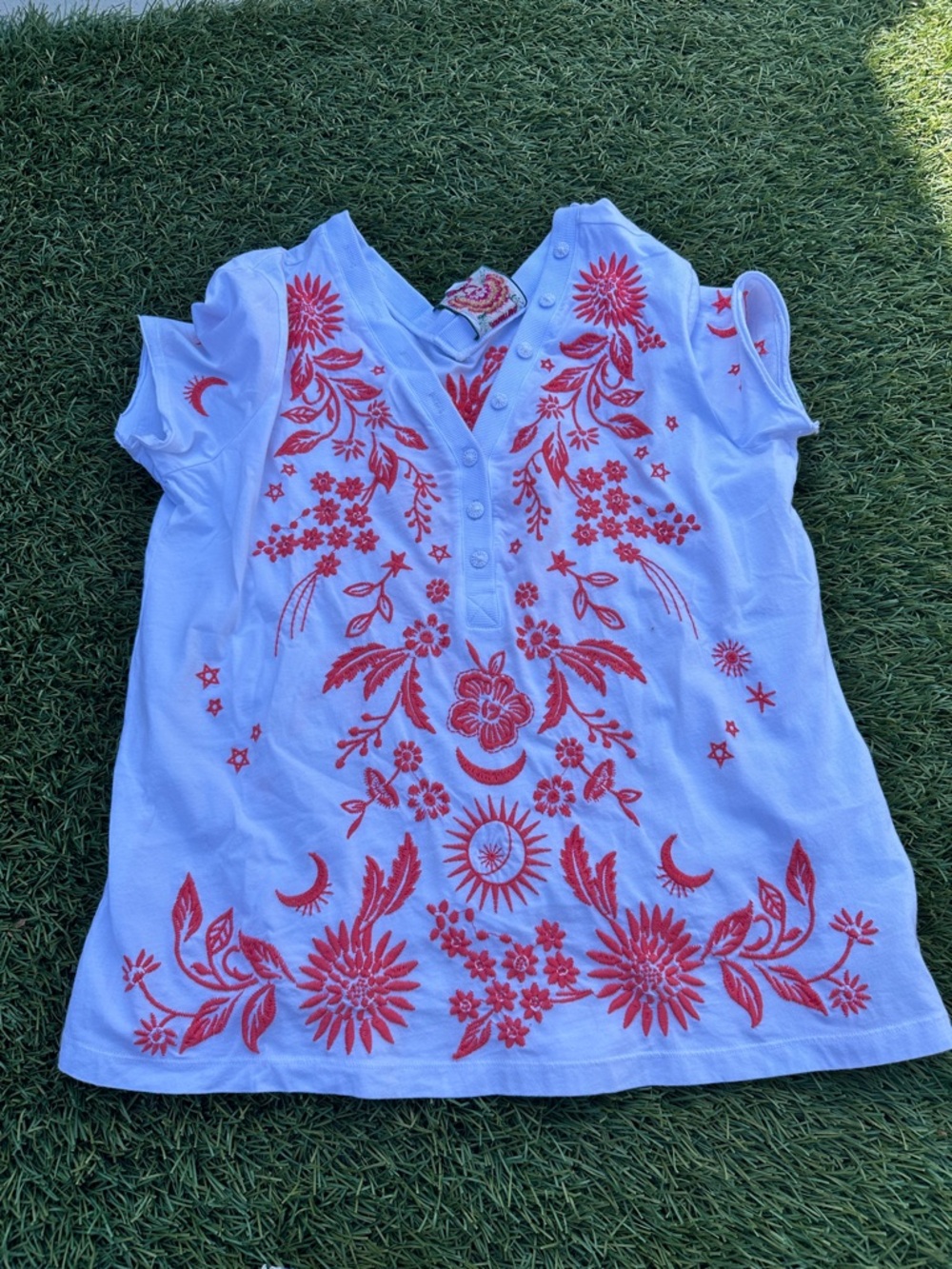Johnny Was White Short Sleeve Tee with Red Floral Embroidery